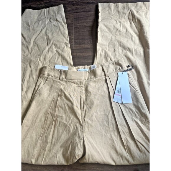 Calvin Klein Women's Linen Blend Pants Trendy Pleated Wide Leg Trouser Tan 10 - Picture 7 of 9